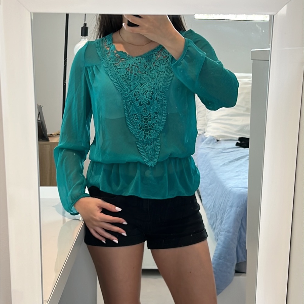 Women small Sheer blouse with embroidery trim peplum elastic bottom loose top